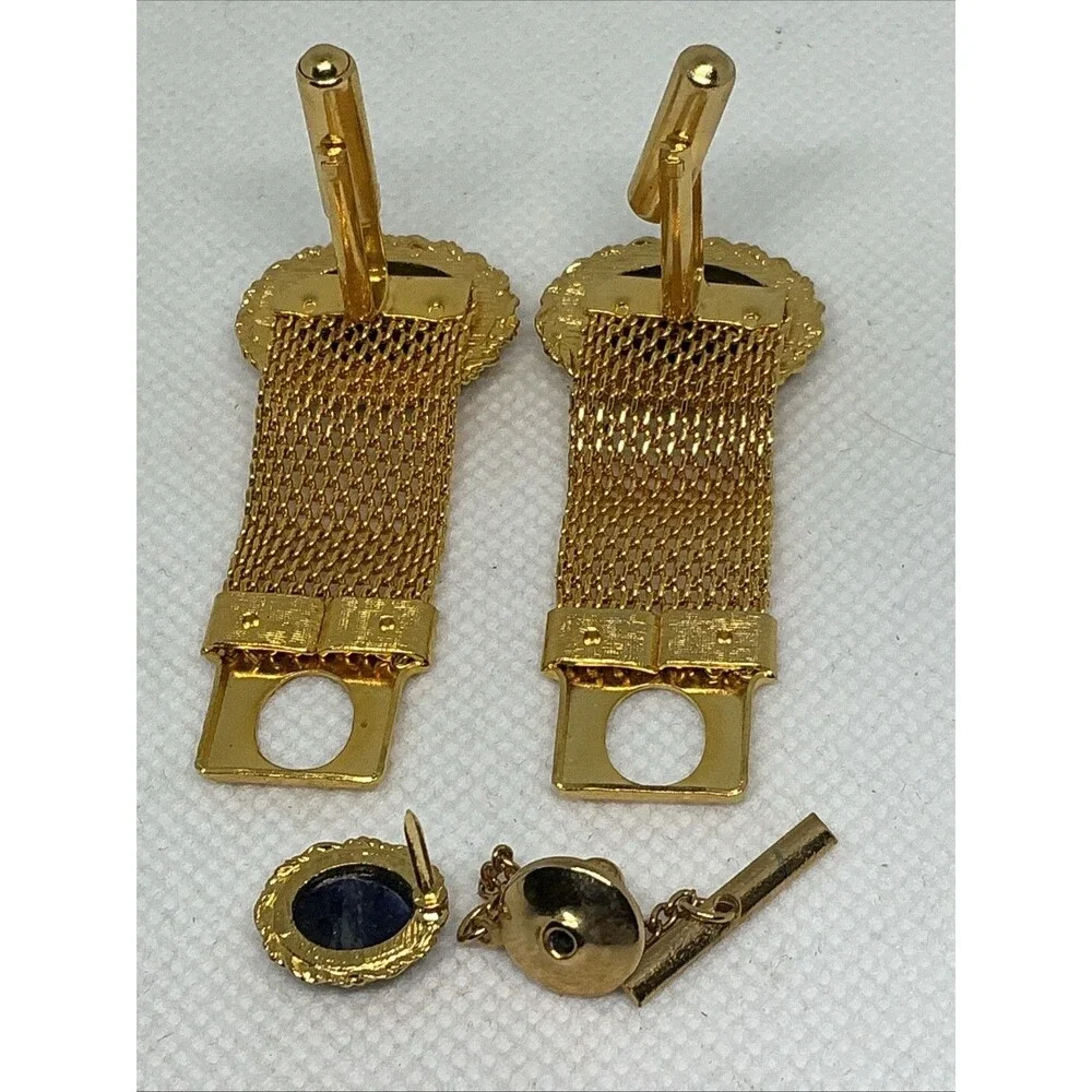 Vintage Retro Gold Tone Blue Stone Oval Mesh Wrap Around Cufflinks With Tie Tack